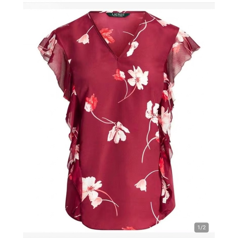 Lauren Ralph Lauren Burgundy Floral Ruffle V-Neck Blouse Top Large 200711100001